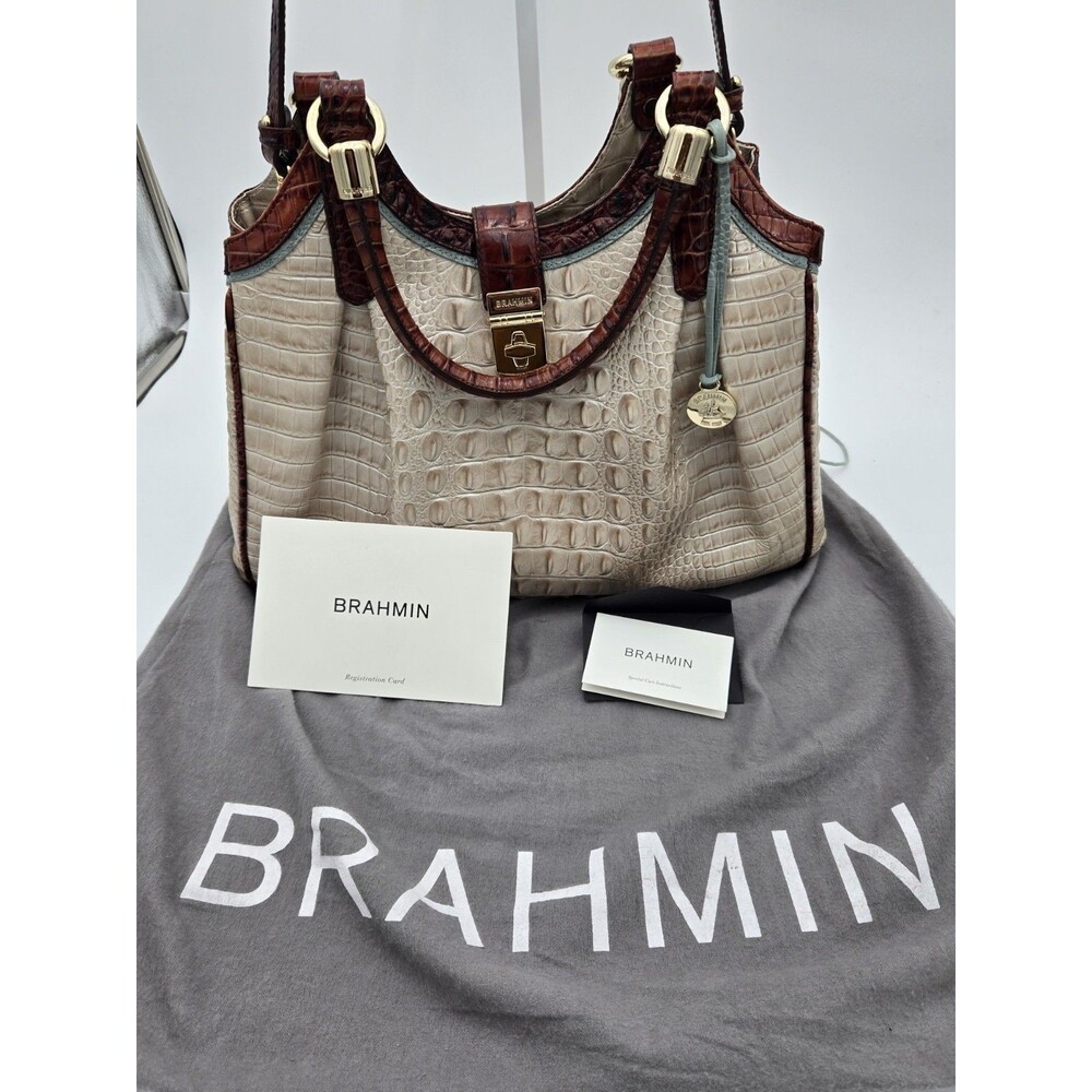 Brahmin Melbourne Tri-Color Croc Leather Satchel Handbag – Tan/Brown/Sage –...